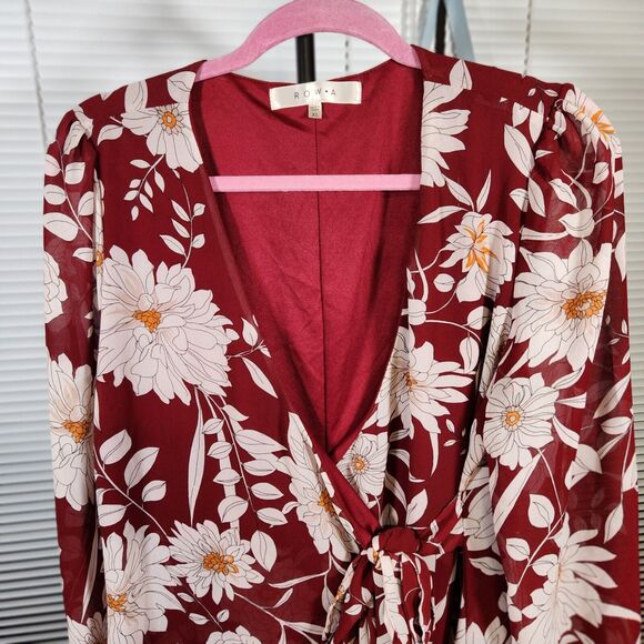 Row A XL $175 Burgundy Hydrangea Floral Wrap Mini Dress Cottagecore Chic - Picture 2 of 11